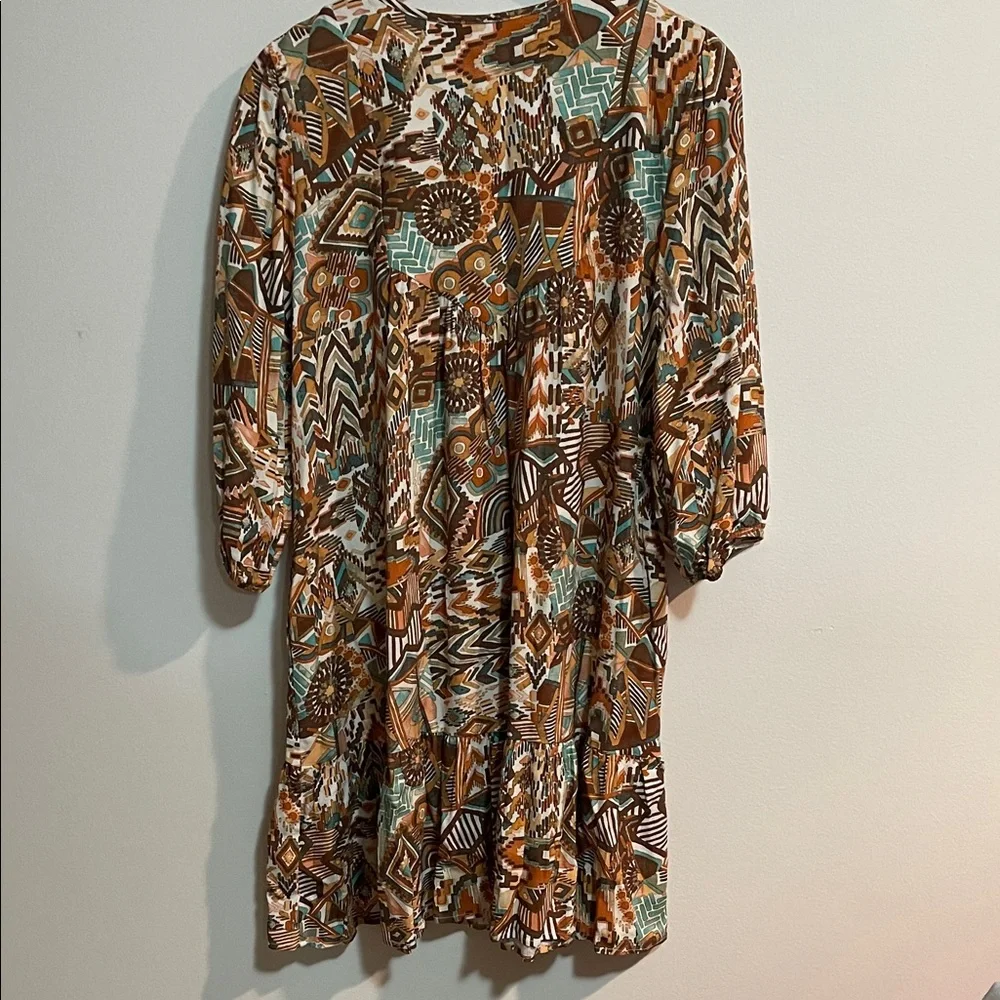 Nurture Turquoise & Brown Patterned Tie-Neck Women’s Dress SZ PL - Picture 8 of 8